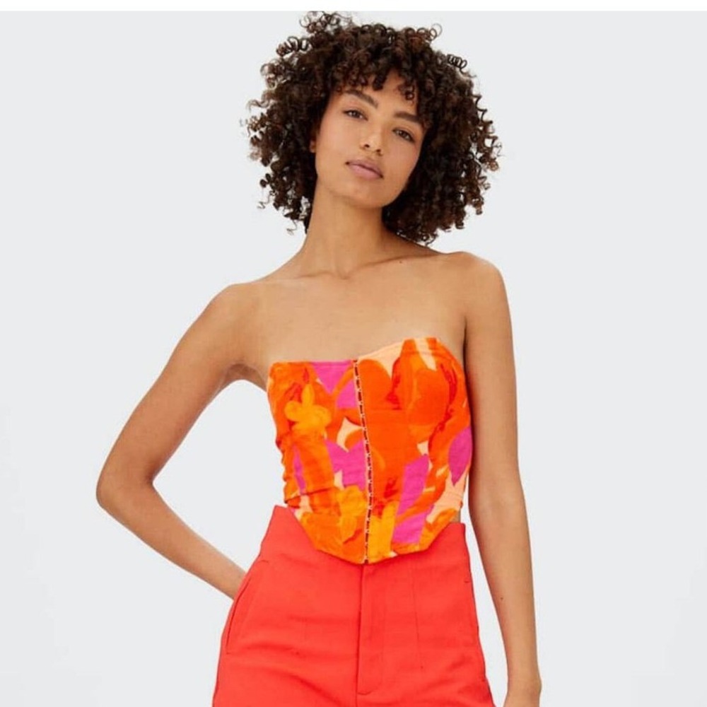 Stradivarius Floral Corset Top Womens Size S Orange Pink Summer Festival Y2K